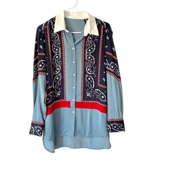 Sandro Blue Bandana Print Button Down Long Sleeve Blouse size large - Picture 1 of 9